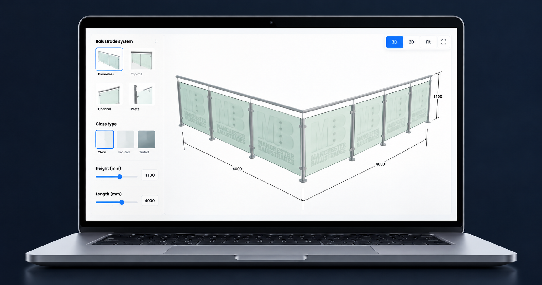 Laptop showing the Manchester Balustrades design tool with a frameless glass corner layout and configuration options